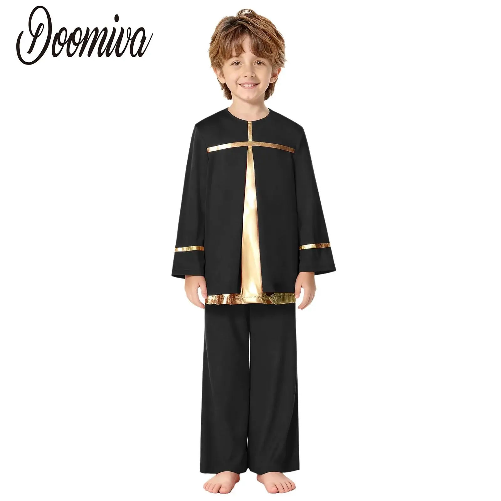

Kid Boys Liturgical Praise Dance Worship Outfit Church Choir Costume Long Sleeve Metallic Color Block Shirts with Wide-Leg Pants