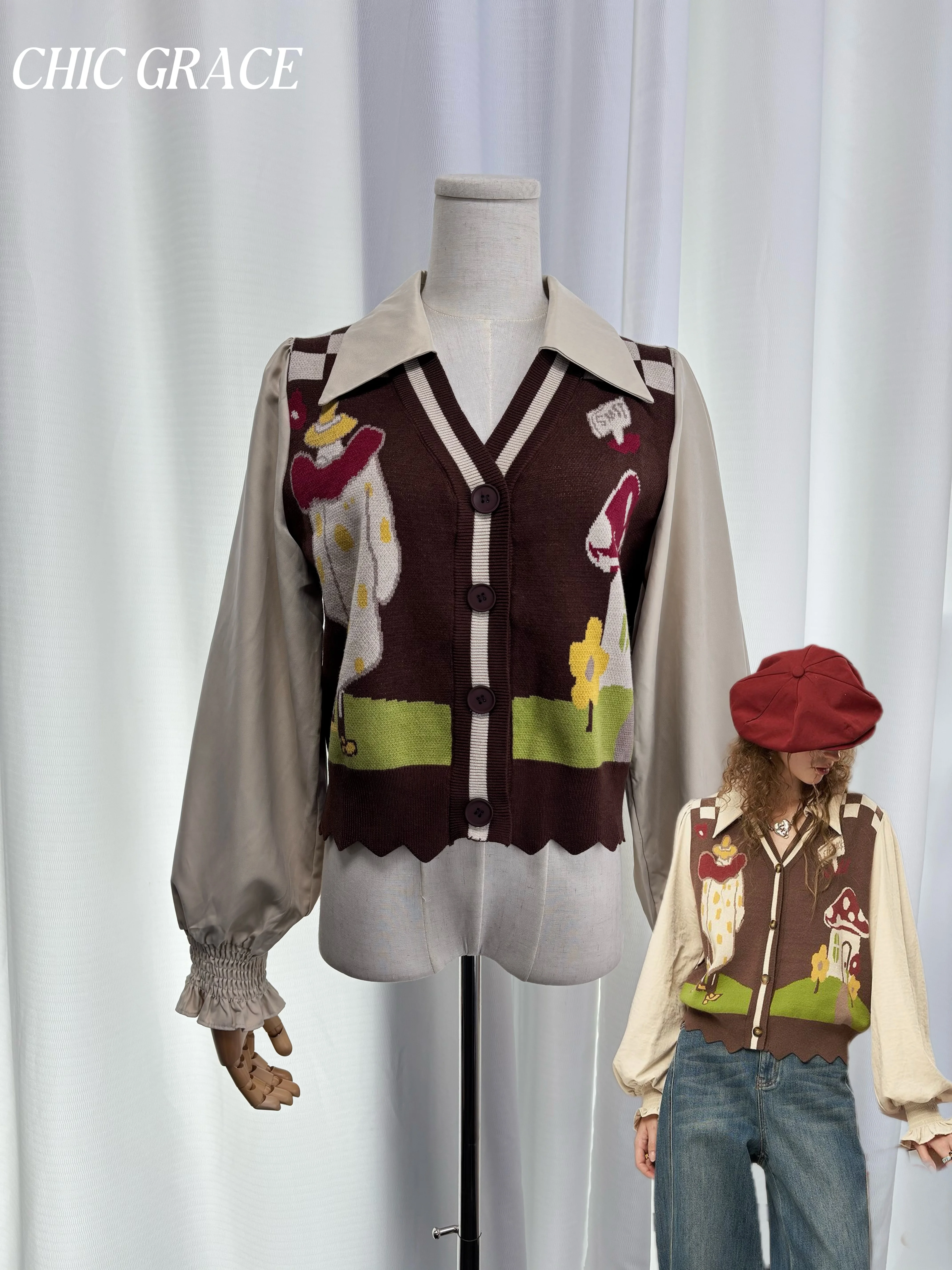 

Женский винтажный вязаный топ из двух предметов в консервативном стиле Real Shot, новый дизайн 2025, художественный наряд ранней осени, уникальный пэт