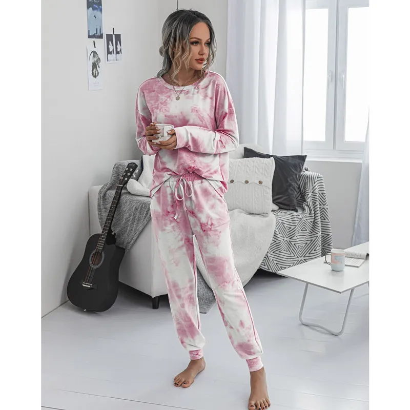 2025 Fall and Winter Women's Two-Piece Set Casual Round Neck Sportswear Ladies Tie-Dye Printing Long-Sleeved Casual Homewear 4