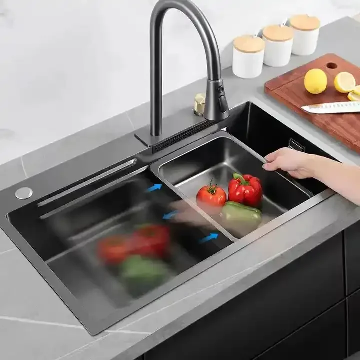 Yi Hao Multifunction Kitchen Sink 304SUS Kitchen Sink Faucet Modern Waterfall Rainfall Single Bowl Kitchen Sink Set