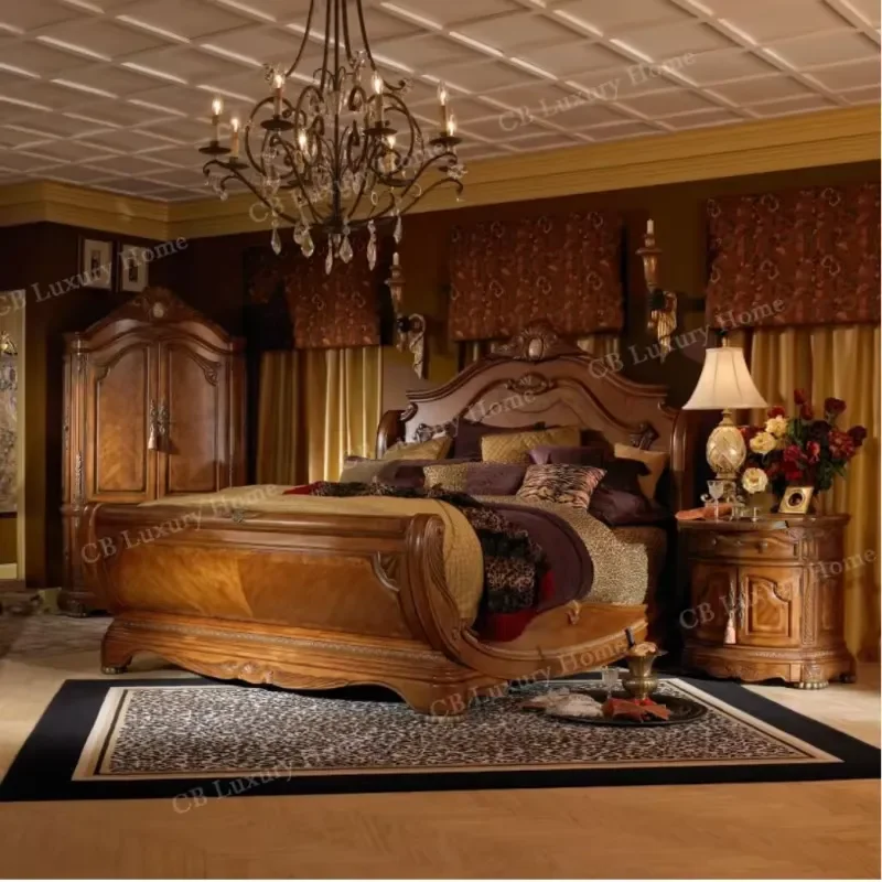 American Queen Bed Hand Carved Sled Bed Frame Solid Wood Classic Bedroom Furniture Full Size Platform Bed Set for Home Decor