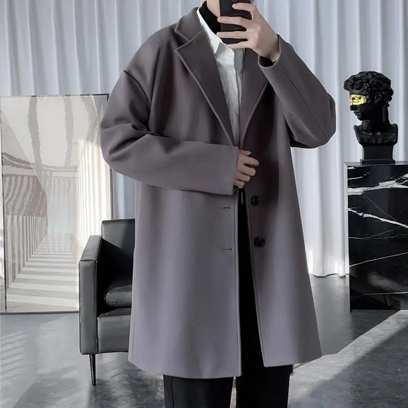 Fashion Men\'s woolen Coats Solid Color Single Breasted Lapel Long Coat Jacket Casual Overcoat Casual Trench Spring and Autumn