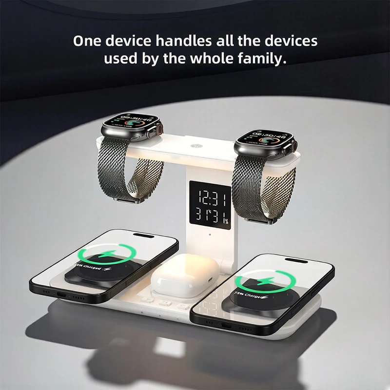 Domars Multi-Functional Wireless Charger with Night Light Time Temperature Display Multiple Devices Can Chaharged Simultaneously