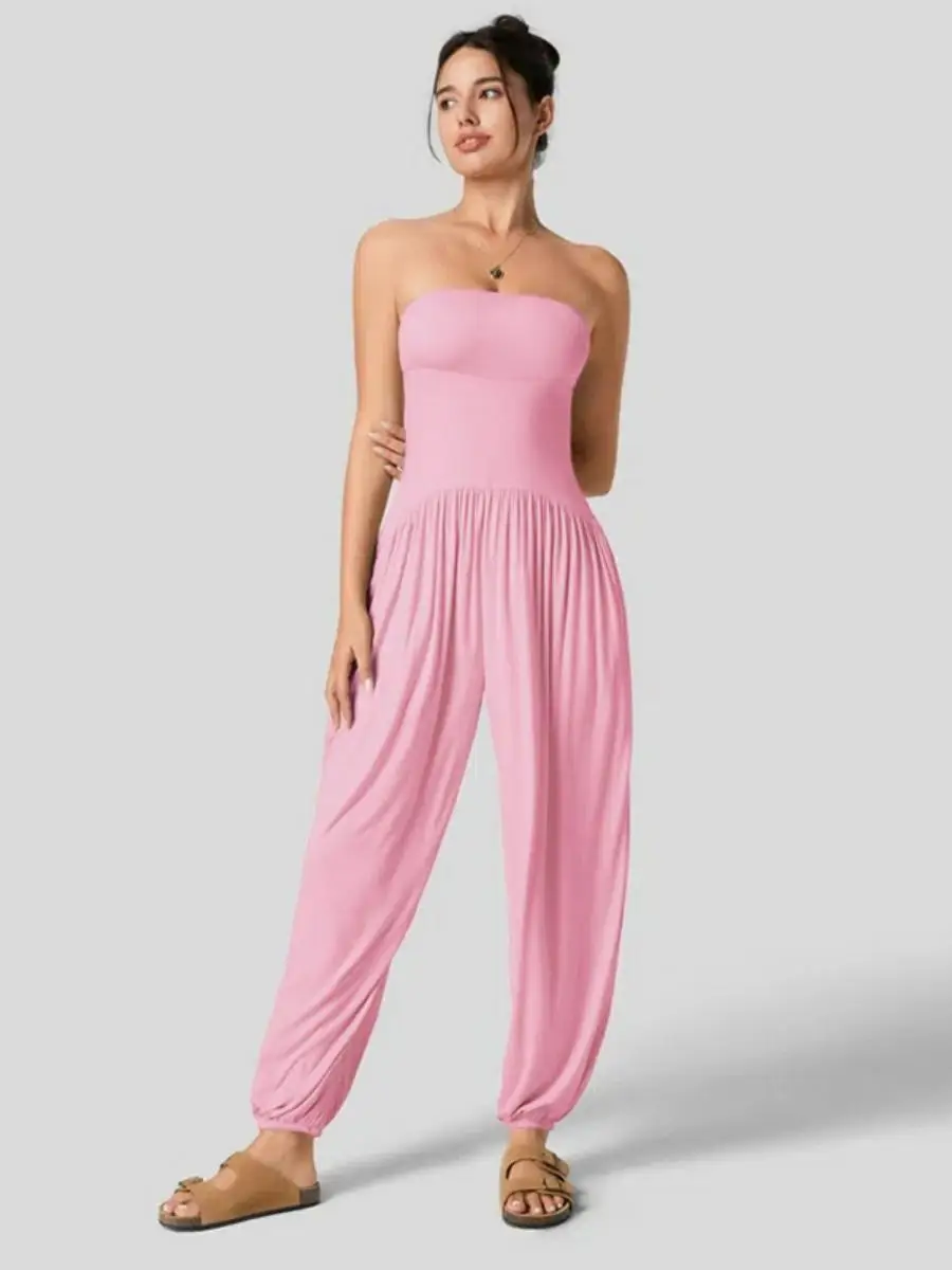 

MJP45 Women's Slim Fit Tube Top Monocomatic Jumpsuit High Waist Long Pants Polyester Summer 2024 Faion Casual Wear