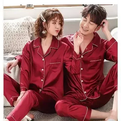 Ice Silk Satin Couples Pajamas Thin New Women Men Two-piece Plus Size Homewear Set Pijama Set Women Pijma Hombre