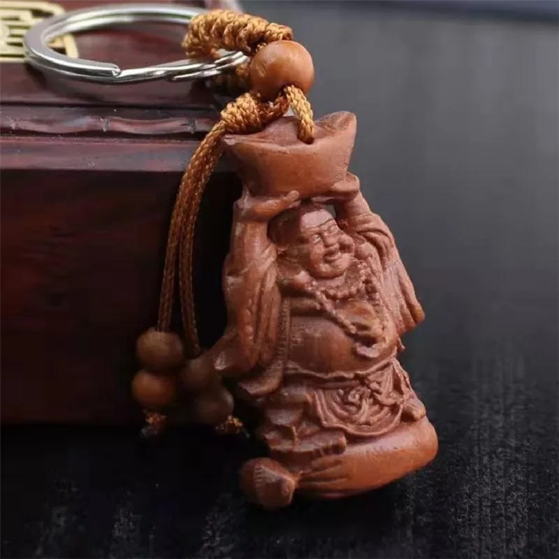 1Pc Vintage Mahogany Three-dimensional Engraving Key Chain Lifelike Buddha Pendant Key Ring Jewelry Gift For Car Accessories