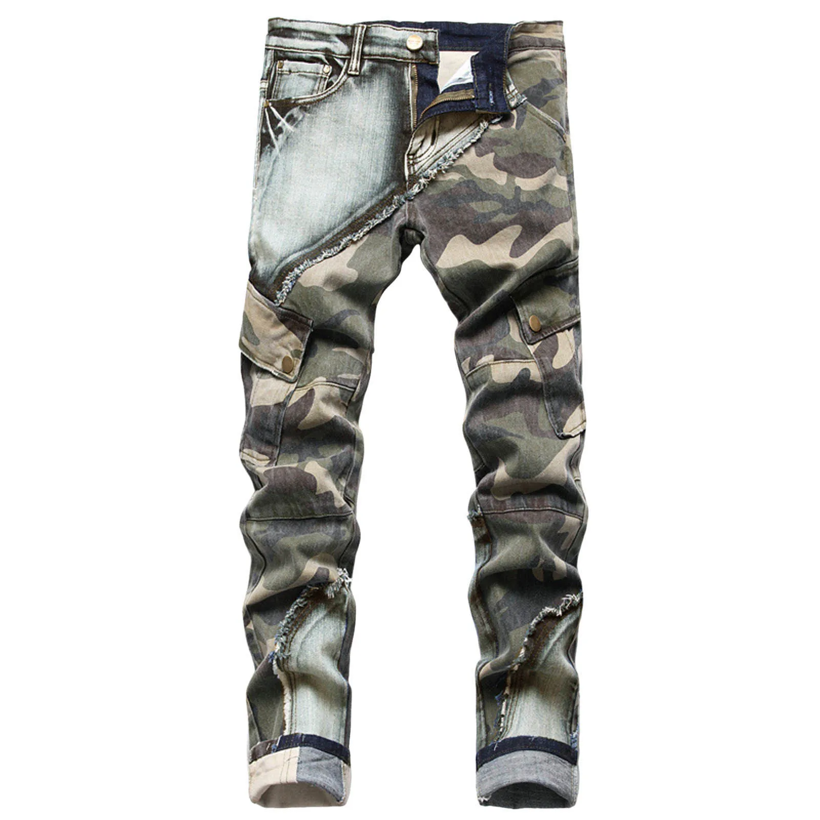 Pantalones vaqueros rasgados de camuflaje desgastados Vintage para hombre, Jeans ajustados de diseñador de lujo, pantalones vaqueros Casuales