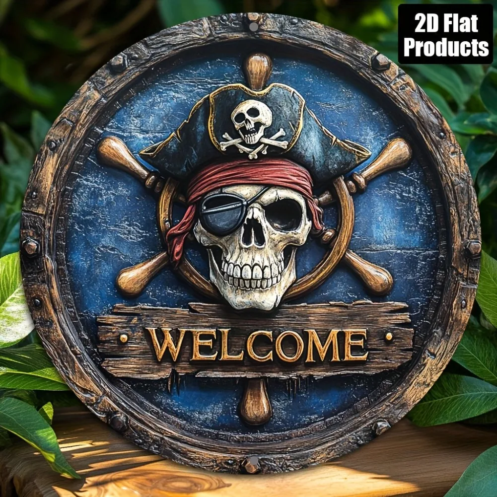 Piratenskelett und gekreuzte Knochen, 2D-Wandkunst aus flachem Metall – 1 Stück 7,87 Zoll rundes Aluminiumschild mit „WILLKOMMEN“-Planke