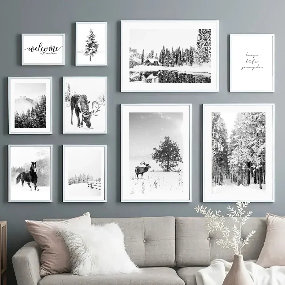 Winter Pine & Reindeer Canvas Wall Art - Nordic Black and White Lake House Scenery Poster for Living Room Decor