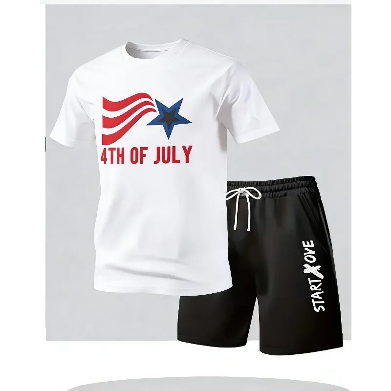Summer men's casual short-sleeved T-shirt and shorts sports outfit - comfortable printed lightweight quick-drying set