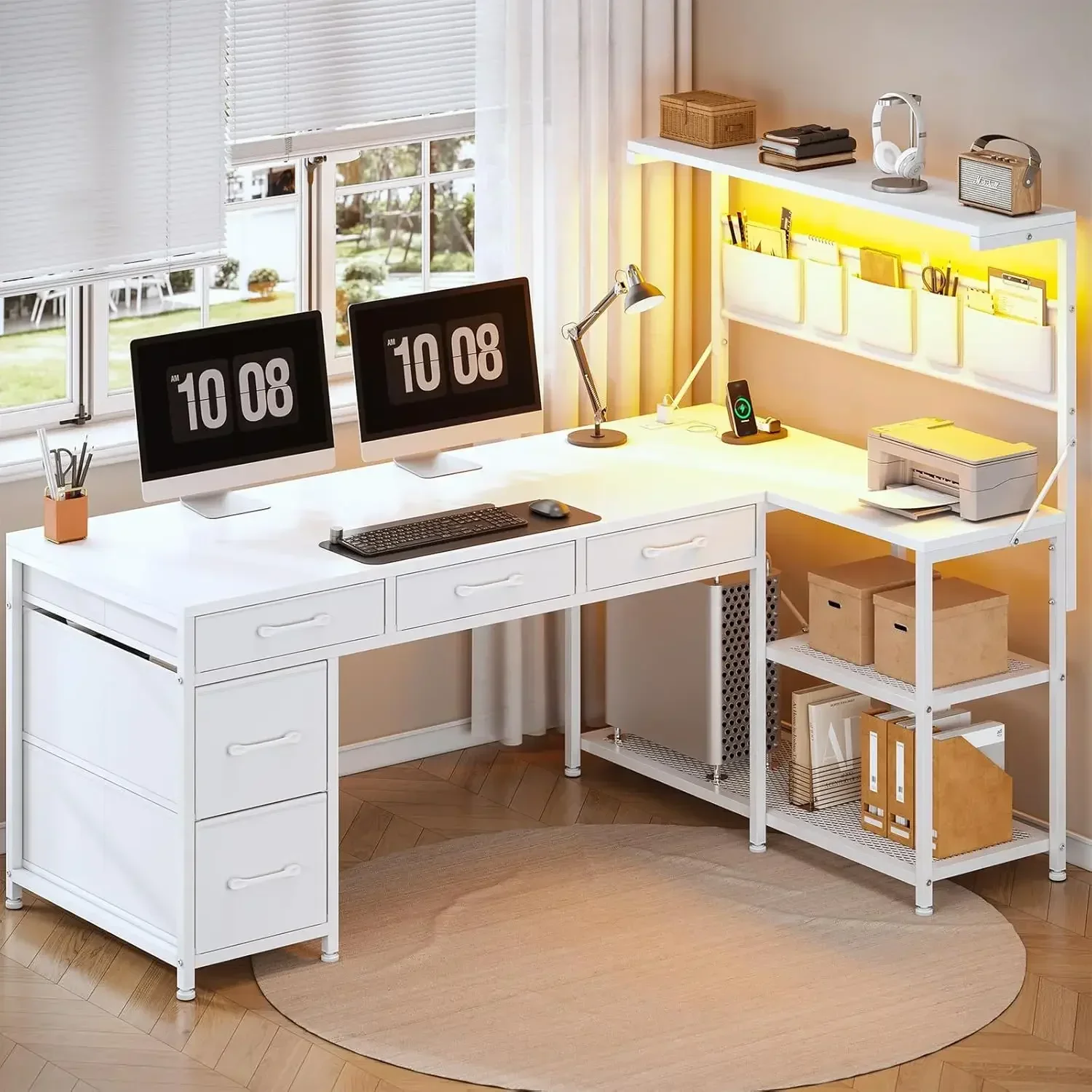 High quality  Corner Computer Desk, Reversible L Shaped Computer Desk with Fabric Drawers and Power Outlet, 47.2” Gaming Desk