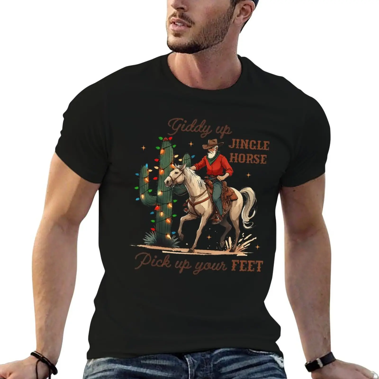 

Giddy Up Jingle Horse Pick Up Your Feet Cowboy Santa T-Shirt t shirt custom print t shirts cotton 100% T-Shirt