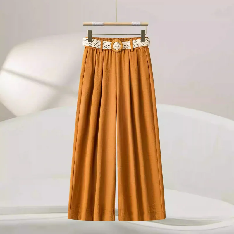 بنطال برتقالي مريح واسع الساق للنساء، سروال صيفي رفيع عالي الخصر للتخسيس ثنيات كاجوال مكون من ثماني نقاط مستقيمة #2