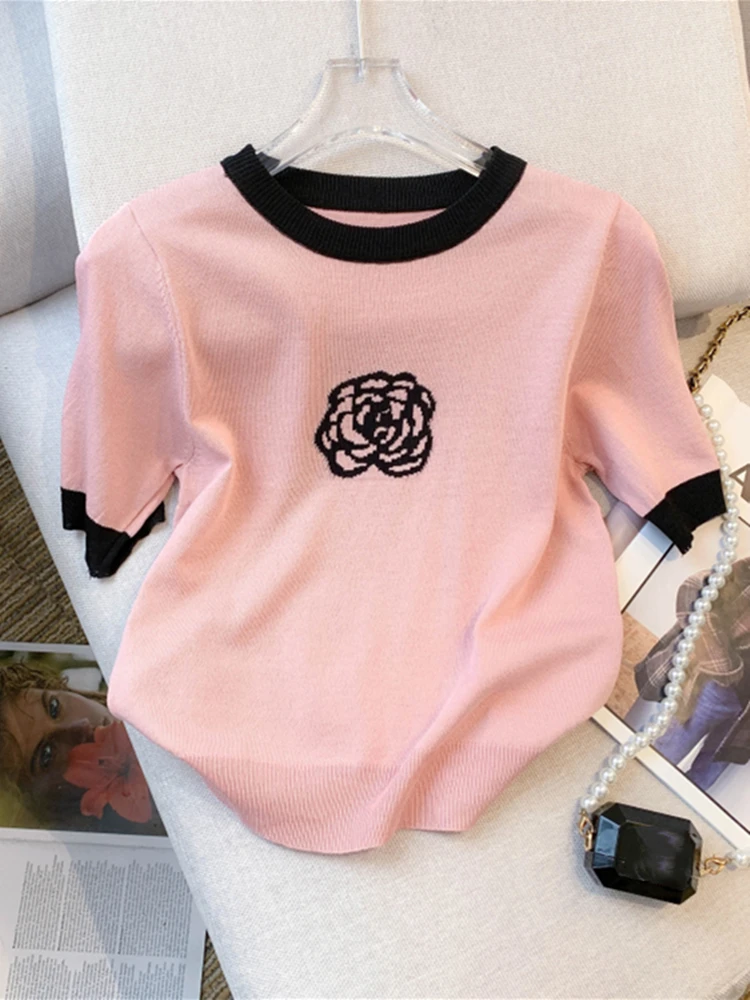 Spring And Summer High Quality Fashion Flower Embroidery Round Neck Women Knit Sweater Casual Short-Sleeved T-Shirt Knitted Top