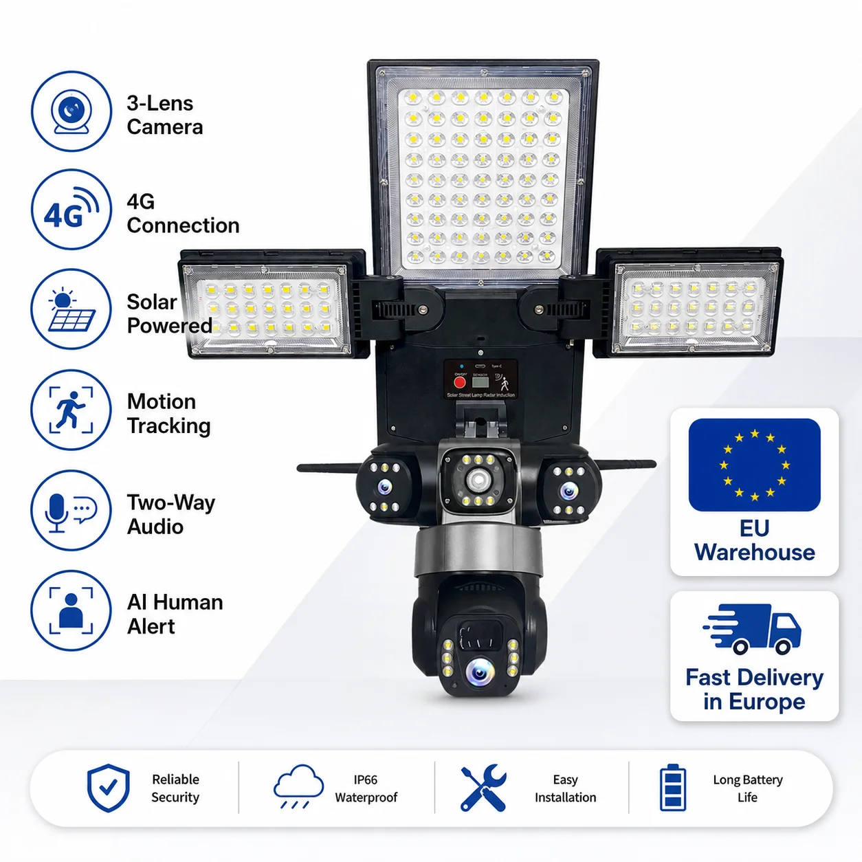 Caméras de sécurité solaires V380 Pro avec carte SIM 4G, trois objectifs, caméra de surveillance extérieure sans fil PTZ, détection humaine PIR, communication bidirectionnelle, étanche IP66, vision nocturne couleur, caméra à éclairage LED.