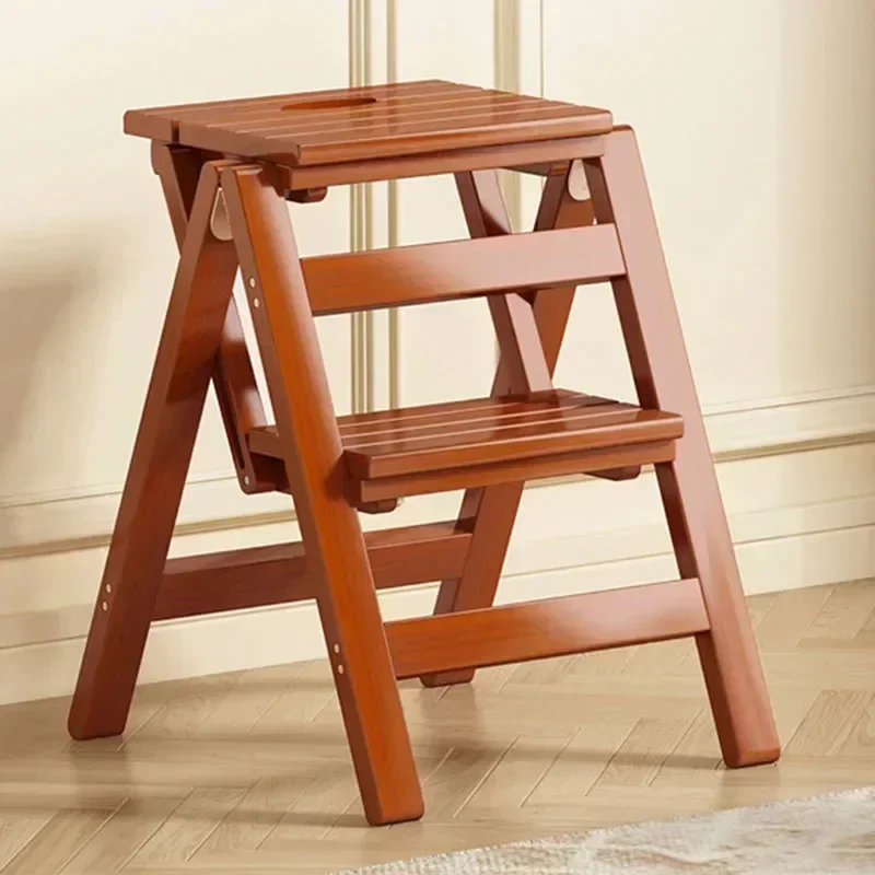 Pine Step Stools Multifunctional Household Folding Climbing  Ladder for Home Indoor Outdoor Living Room Household Walnut Color