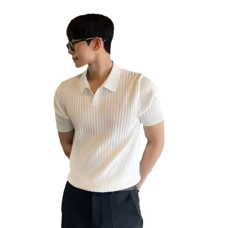 Men's summer new fashionable outdoor casual breathable comfortable slim fit collar solid color casual knitted t-shirt