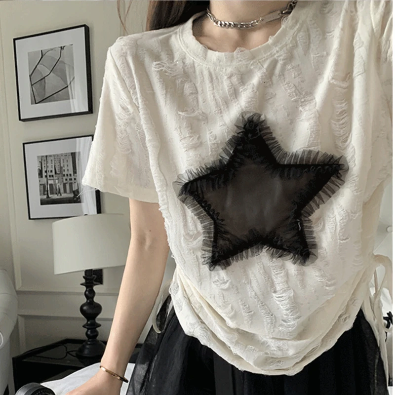 Women Y2K T-shirts Gothic Star Embroidery Summer Korean Harajuku High Street Short Sleeves Drawstring Tops Aesthetic Clothing