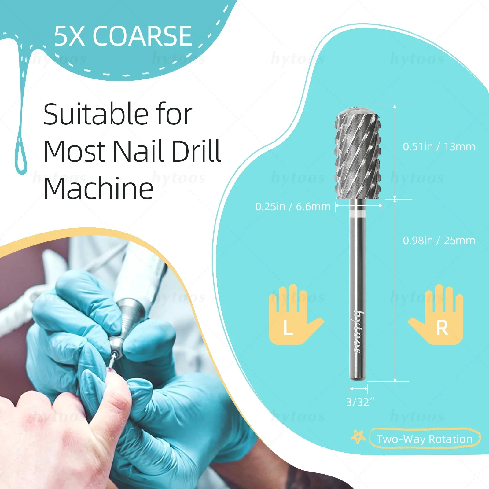 HYTOOS 5XC Pro Series Acrylic Nail Drill Bits 2 Way Safety 6.6mm Round Barrel Carbide Nail Bit Remove Hard Gel Drill Accessories