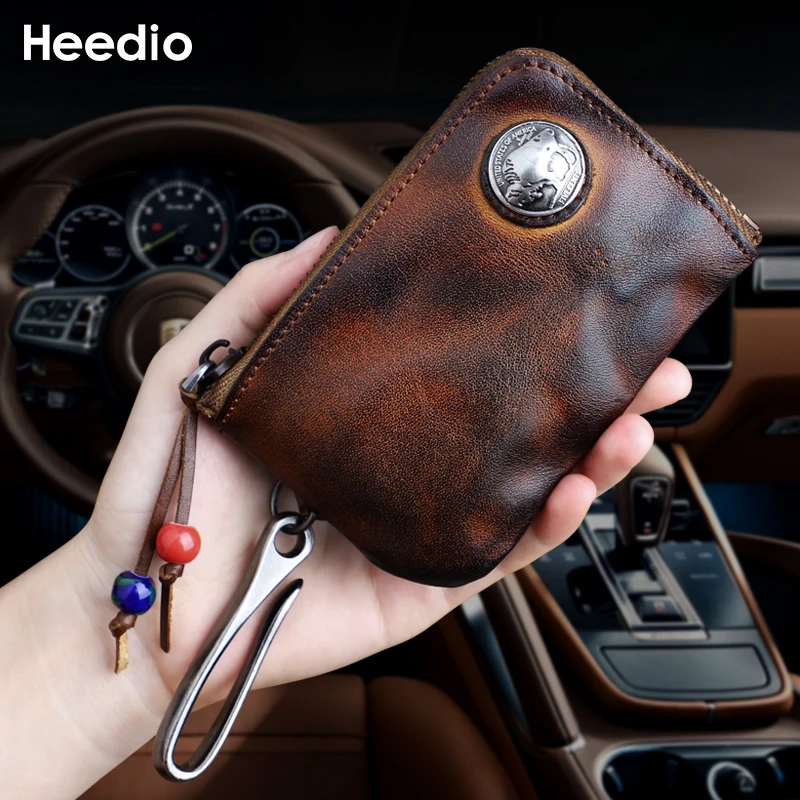 Vintage Cow Leather Coin Purse for Men Handmade Genuine Leather Change Pouch Key Holder Card Slot Storage Bag with Zipper