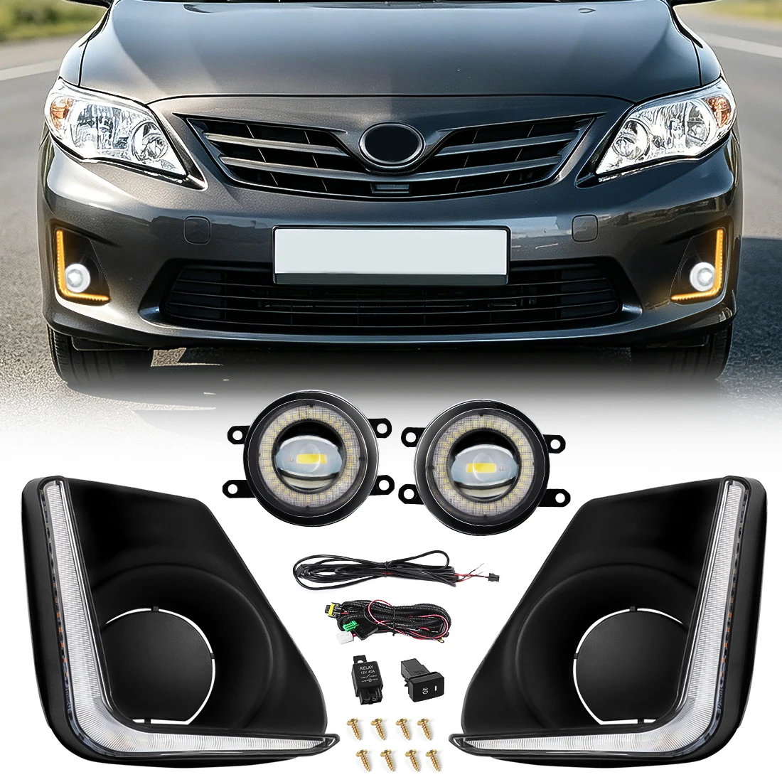 3-Colors DRL For Toyota Corolla 2011 2012 2013 Front Daytime Running Light Turn Signal LED DRL Fog Lamp Kit Fog Driving Lamp 12V