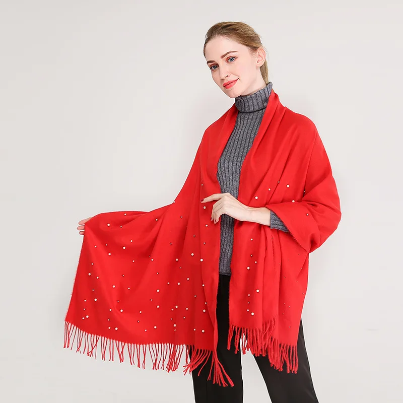 2023 Autumn and Winter New Style Imitation Cashmere Solid Color Spiked Beads Women's Scarf Thickened and Warm with Tassel Shawl