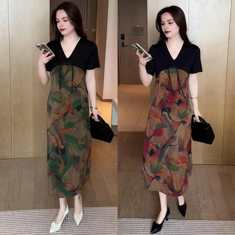 

Women Printed Midi Dress Stylish Patchwork Printed V Neck Summer Dress with Tassel Detail Women's Mid-calf Length Wear Commuting