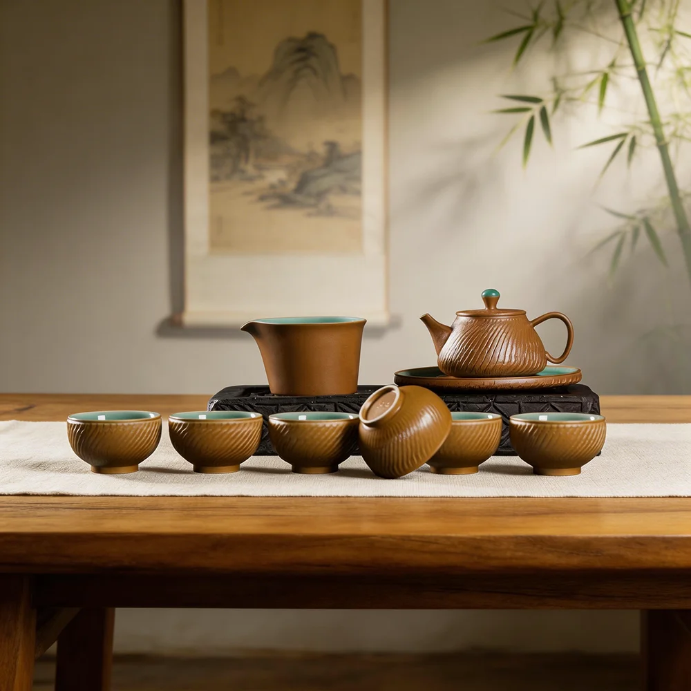 

Luxury Longquan Celadon Kung Fu Tea Set 9-Piece Chinese Ceramic Tea Set With Teapot Cups Fairness Pitcher For Premium Gift Set