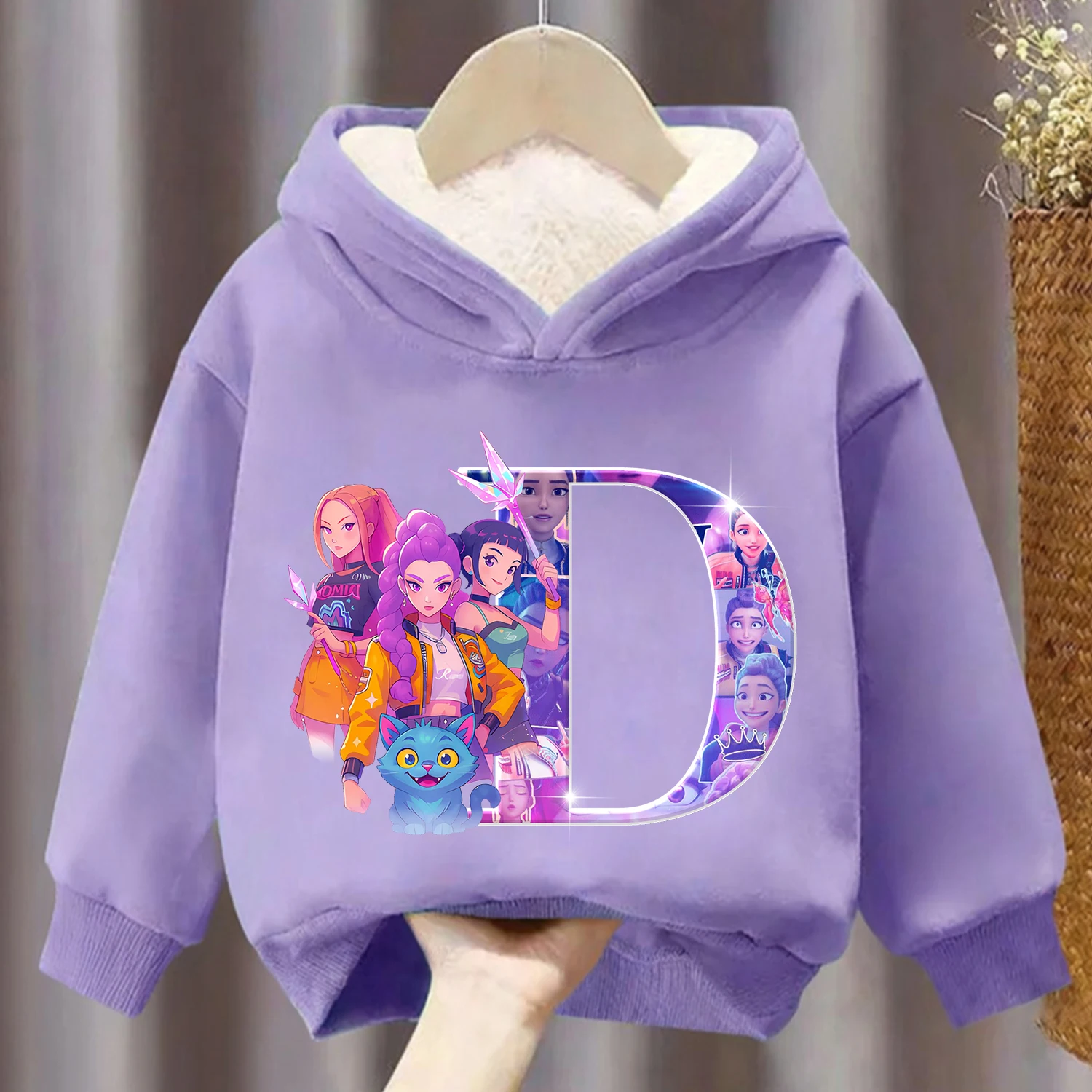 Sudadera con capucha gruesa Kpop Demon Hunters para niños, ropa de dibujos animados, sudadera polar para niña, ropa con capucha cálida de invierno púrpura, regalo para chico