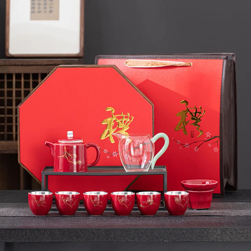 Gilt Silver Rouge Red Kung Fu Tea Set Wedding Gift Handmade Pure Silver Tea Brewer Glass Gongdao Cup Teapot