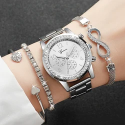 4PCs/Set Women's Steel Band Watch Fake Three Eyes dial Temperament Quartz Watch With Diamond Bracelet