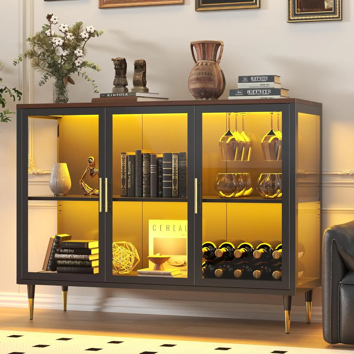 

Стеклянный буфет-сервант с LED-подсветкой, современный шкаф для хранения из металла и дерева с 3 стеклянными дверцами, регулируемый, на заказ