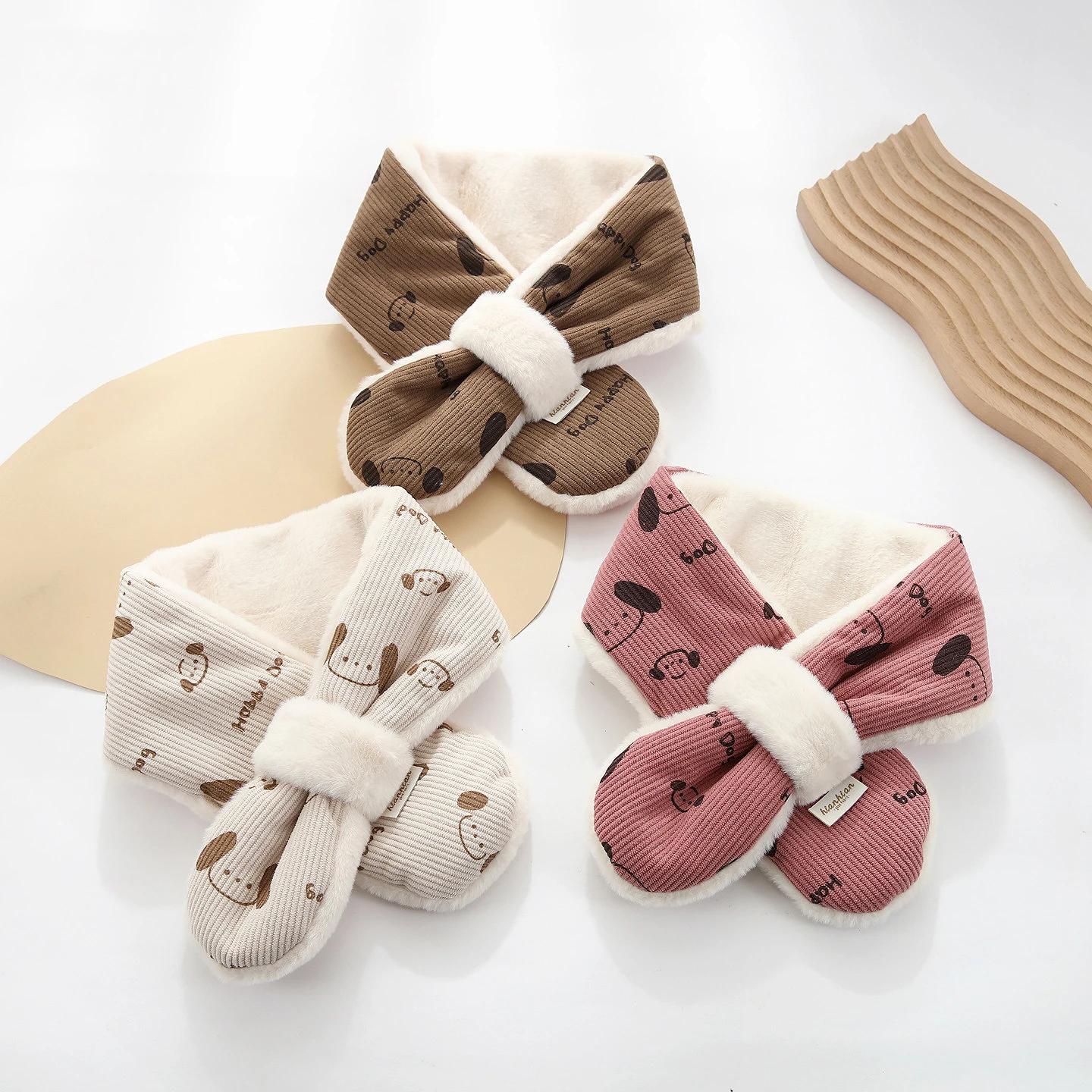 Cartoon Cute Puppy Baby Scarves Winter Warm Thicken Soft Cotton Plush Cross Neckerchief Boy Girl Toddler Kids Anti-cold Scarves