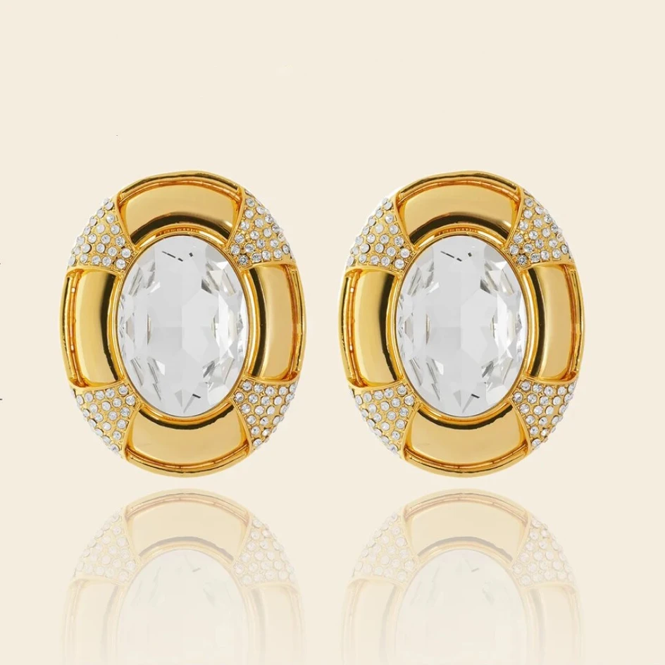 Europe Designer Brand Oval Vintage Gold Crystal Large Earrings Ear clip Luxury Jewelry Trend