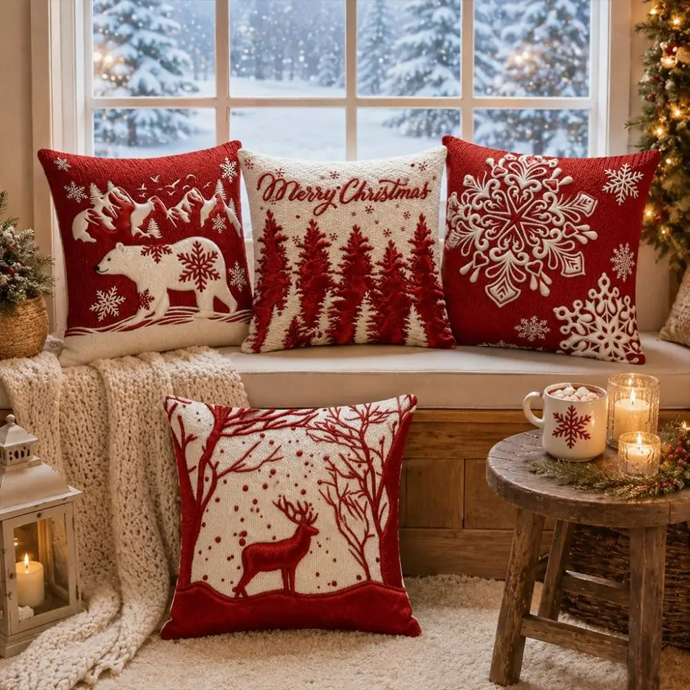 45x45 cm Christmas Pillow Covers Flat Printing Breathable Organic Short Pillow Case Wrinkle-Resistant Red Color