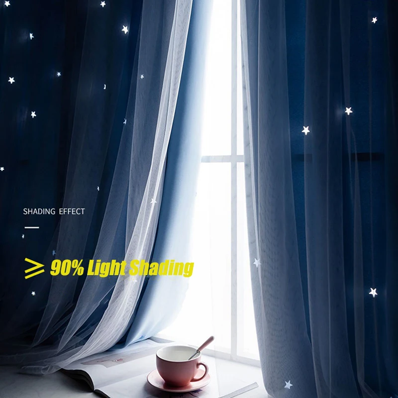 Thickening Full Blackout Solid Color Curtains Free Punching Fabric Double-layer Star Nordic Wind Paste Polyester Shade Cloth