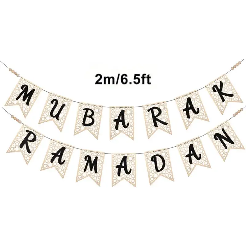 Muzakara Banner Wooden Hollow Eid Sign Banner Home Decoration Festival Pendant Eid Decorations Fireplace Decor