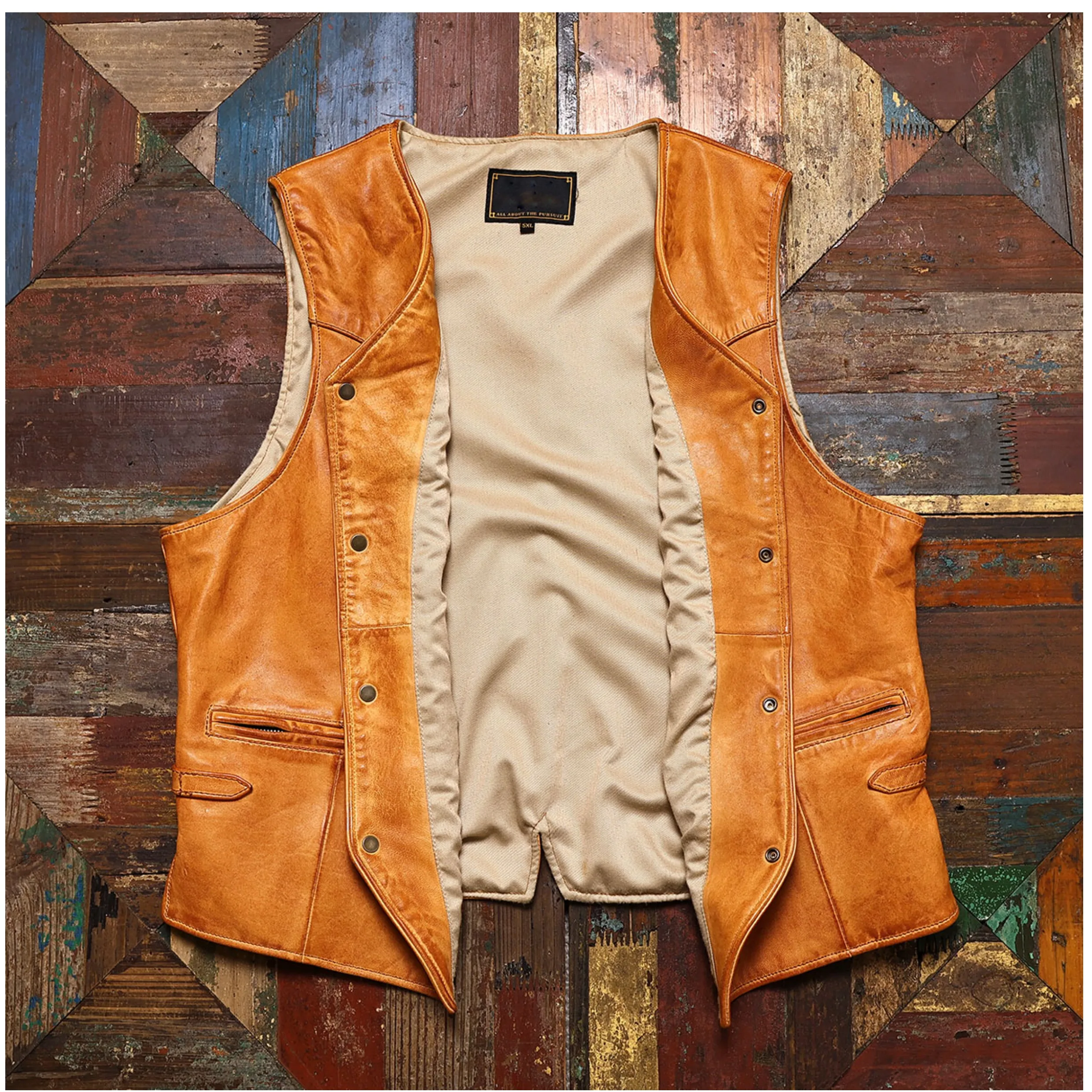 Retro Style Yellow Spring Leather Vest Men Single Breasted Plus Size 5XL Genuine Natural Sheepskin Slim Fit Short Vest