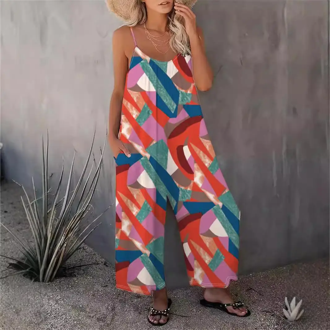

Women's High-Waist Printed Susps Jumpsuit Long Pants Polyester Fiber Summer 2024 Faion Ladies' One-Piece Suit