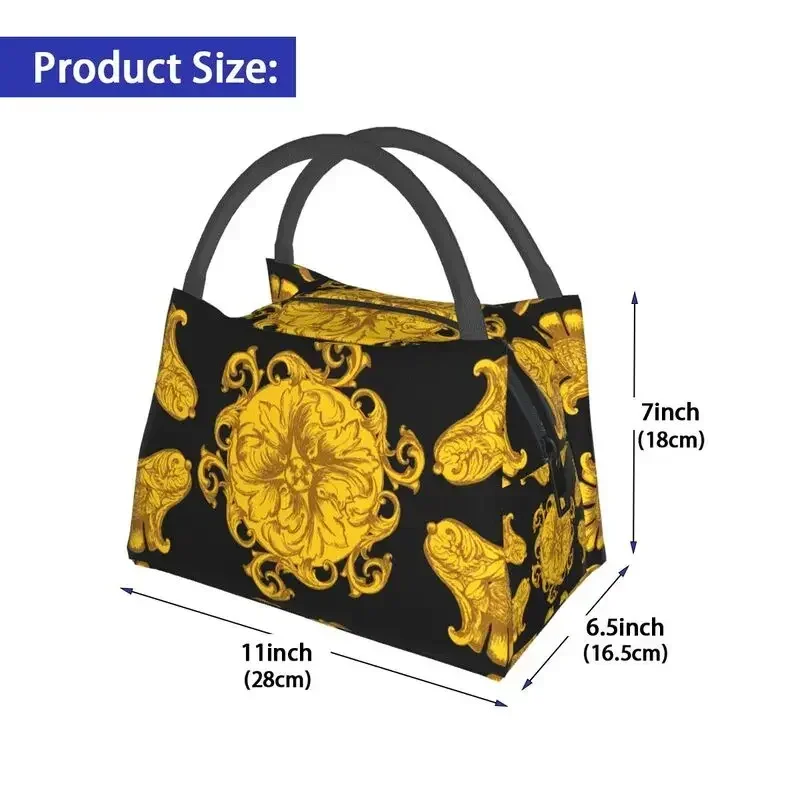 Fiambrera con aislamiento barroca dorada para mujer, bolsas de almuerzo con patrón sin costuras, enfriador impermeable, térmico, Bento Box, Picnic de trabajo