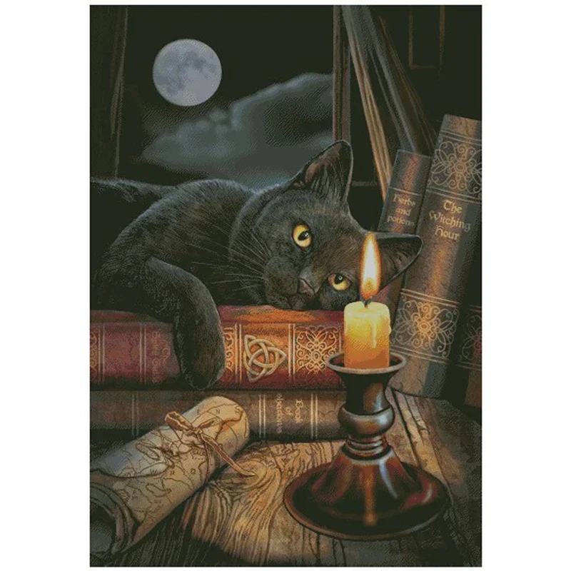 Amishop FREE Delivery Hot Selling Top Quality Counted Cross Stitch Kit Black Cat Kitty Look At Candle Sleeping HAE-DW267