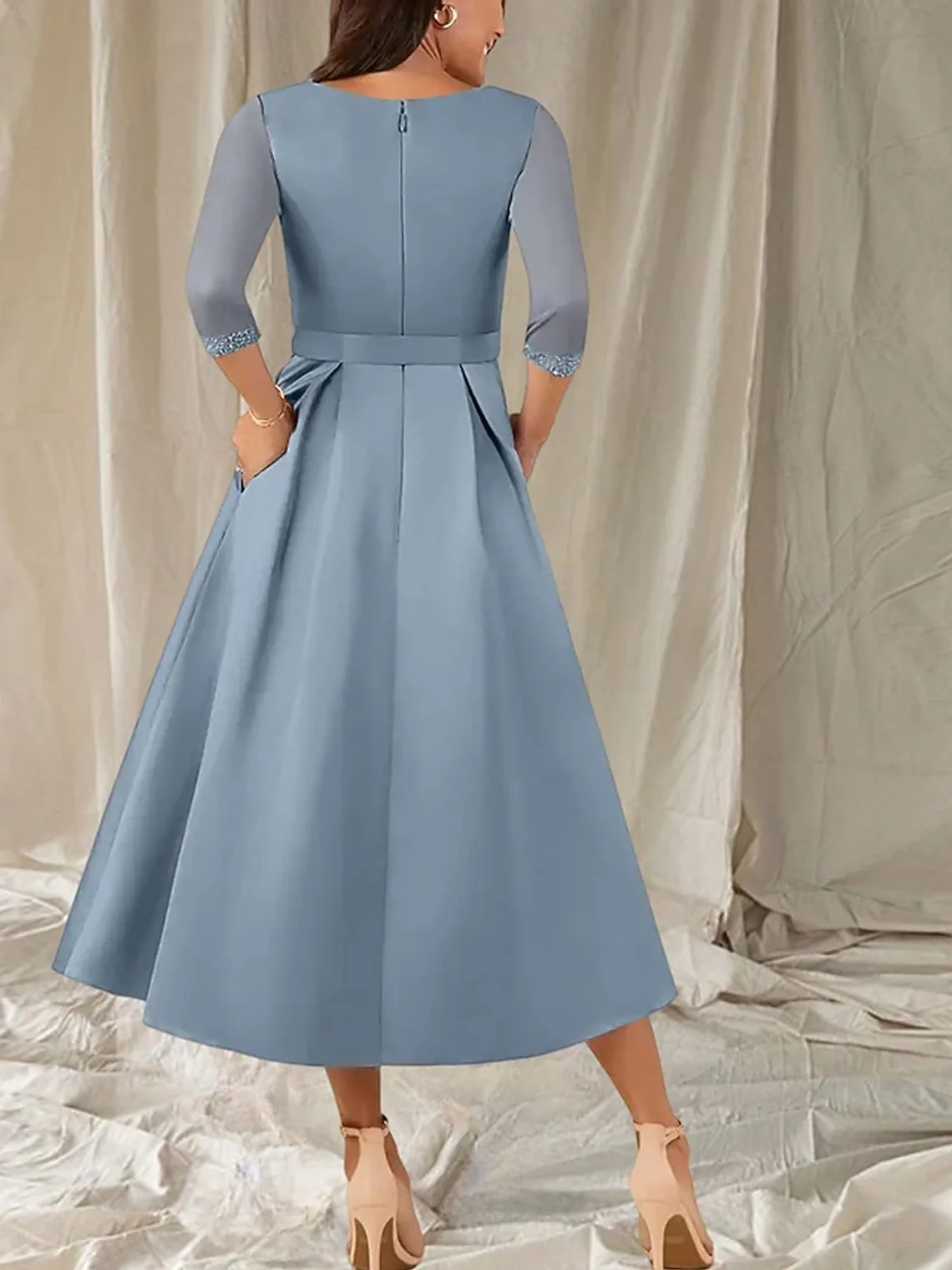 فستان زفاف أنيق من الساتان على شكل حرف a على شكل حرف V طول الشاي 3/4 كم وشاح وشريط فستان أم العروس 2025 مخصص مجاني