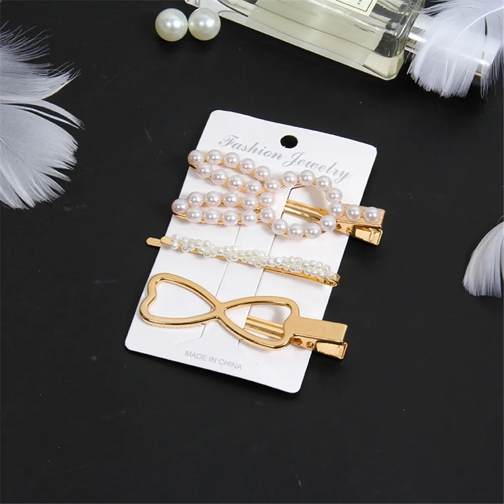 Elegant Pearl Hair Clips para mulheres e meninas, bangs geométricas, pino de metal, presilhas de cabelo dourado, Headwear nupcial, verão, 3pcs set