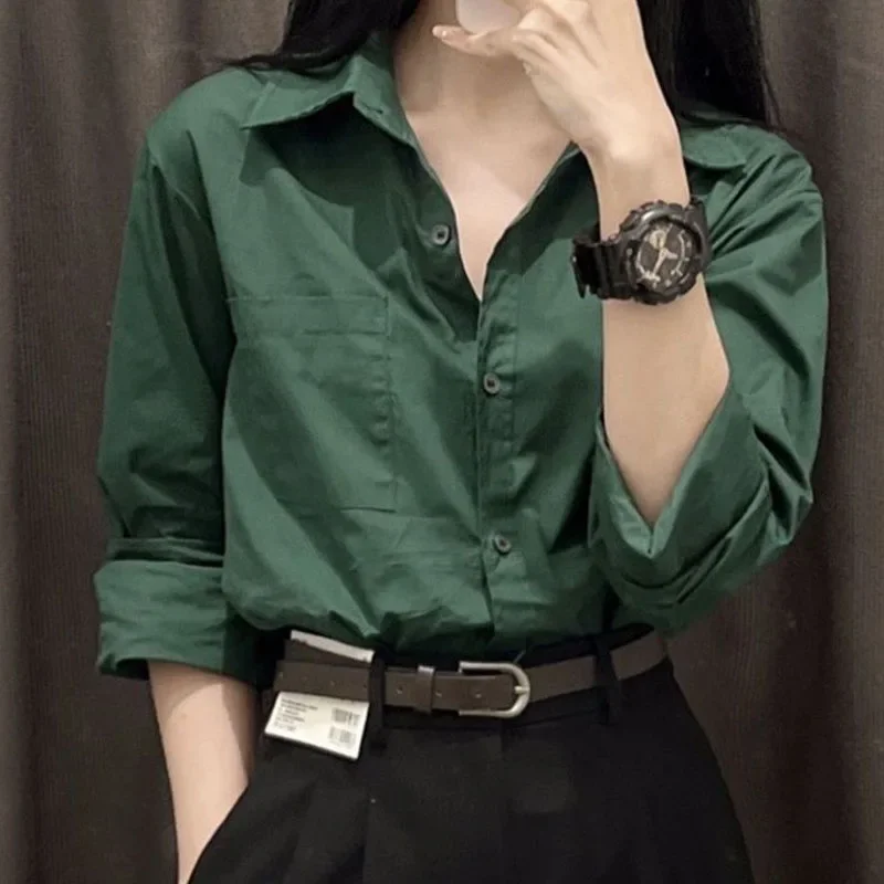 Spring Light Luxury Advanced Sense Blackish Green Women Pure Cotton Tops French Unique Pocket Lapel Collar Long Sleeved Shirt