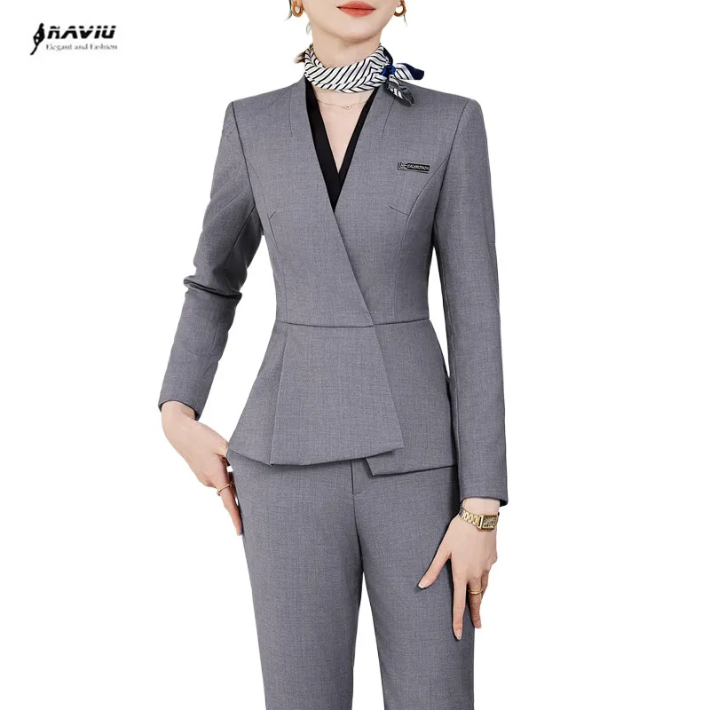 NAVIU-Costume blazer et pantalon pour femme, tenue de bureau élégante, mode chic, manches longues, veste décontractée, gris, ensemble 2 pièces