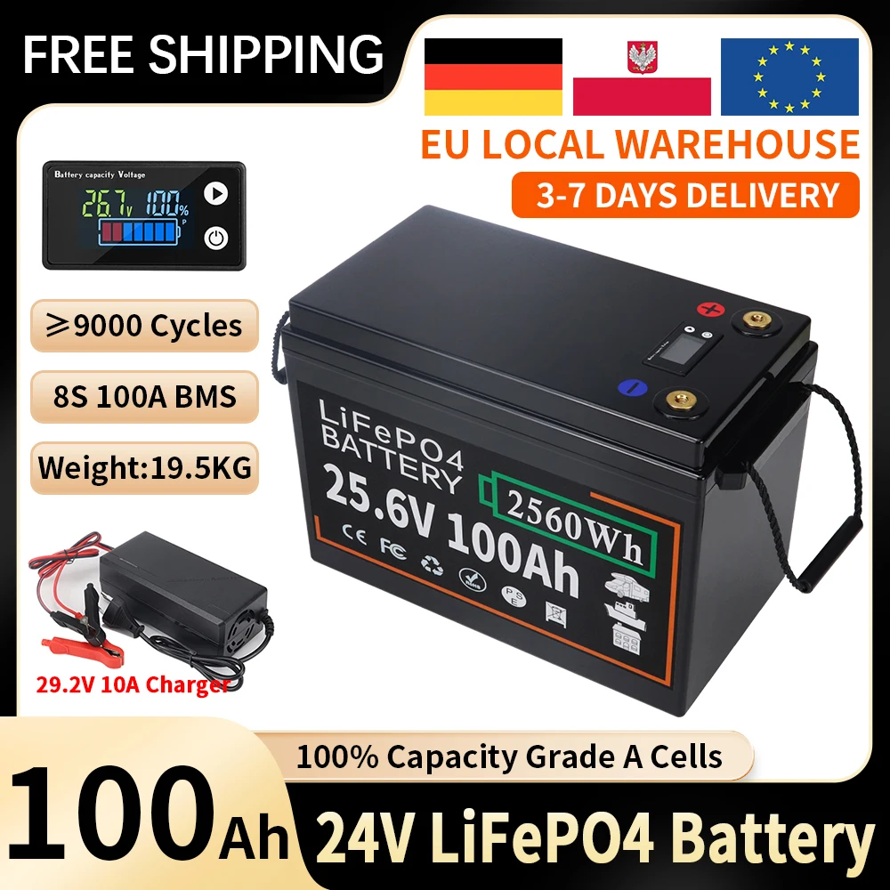 

24V 100Ah LiFePO4 Lithium Iron Phosphate Battery Built-in BMS 9000 Cycles For Outdoor Camping Golf Cart Solar Storage + Charger