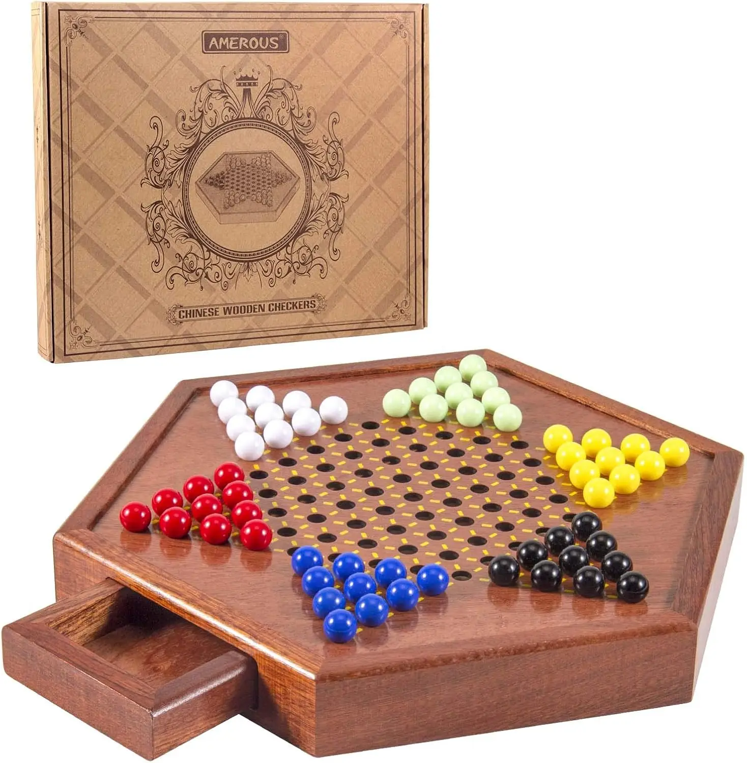

12.5' Wooden Chinese Checkers Set with Storage - 60 Acrylic Marbles, 6 Colors, 12 Bonus Spares