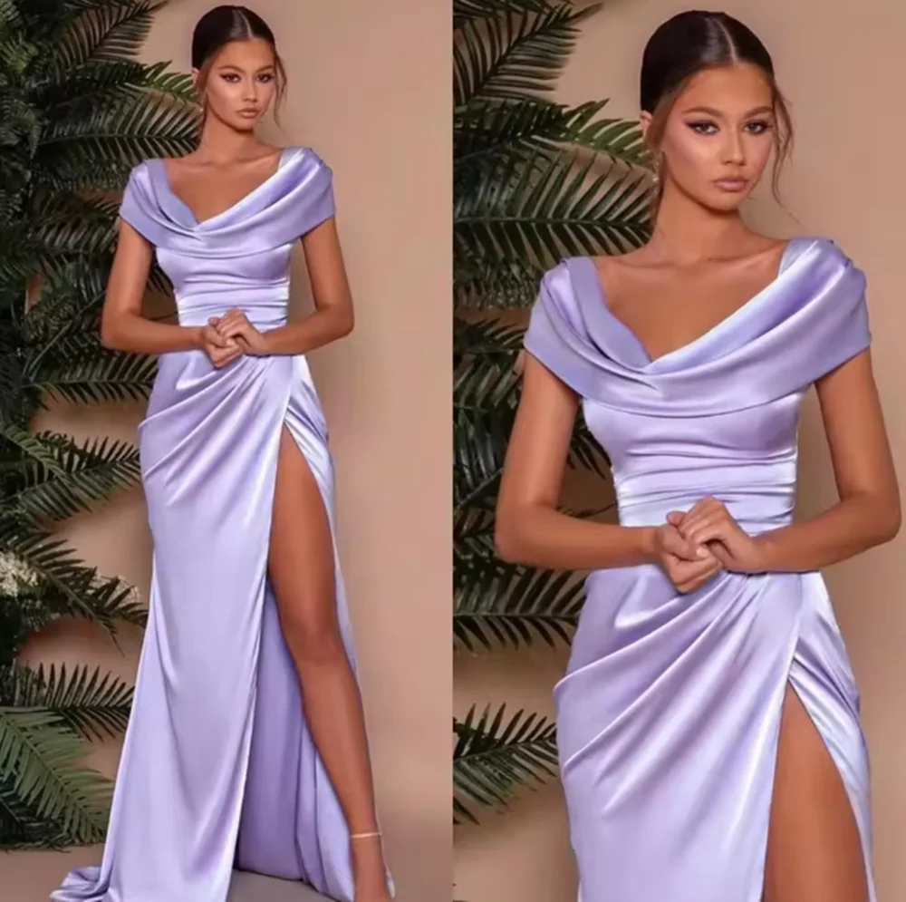 

Customized Simple Fashion Lavender Satin Evening Dresses Off the shoulder Sexy side high-Split Pleat Floor Length Pagea