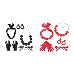 5 Pack 1950S Womens Costume Set Glasses Hair Band Gloves Necklace Earring 50S Polka Dot for Halloween Women Adult Fancy Dress