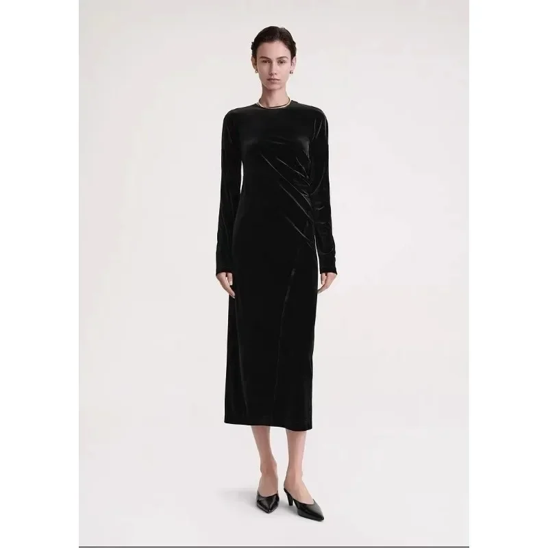 

TT LUXURY-Ankle-Length Velvet Dress, Full Sleeve, Slim Straight Shape, Elegant Celebrity, High Quality, Autumn and Winter, 2024